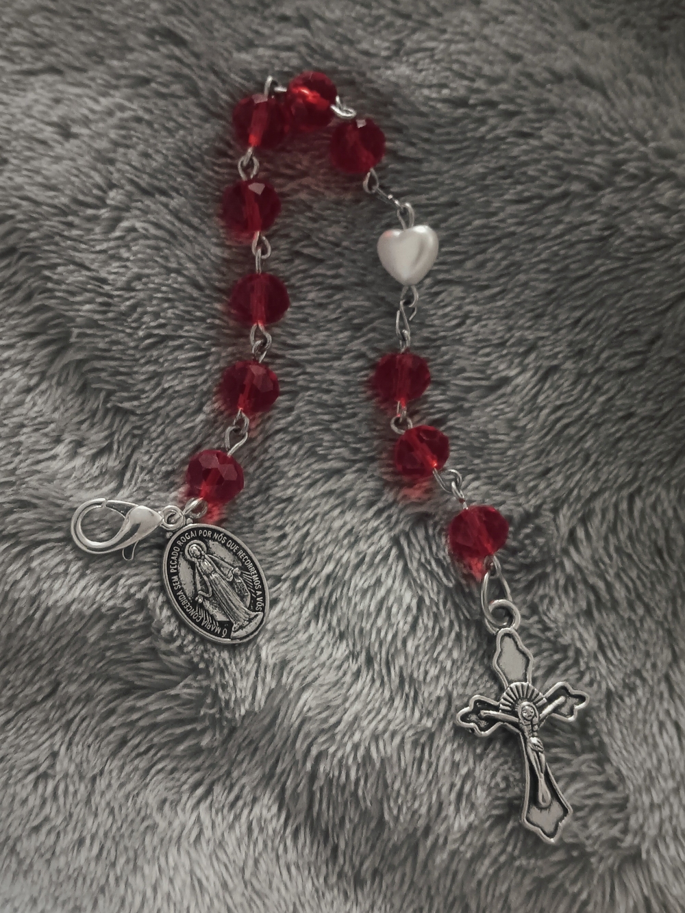 Red Crystal Pocket Rosary with Heart Accent